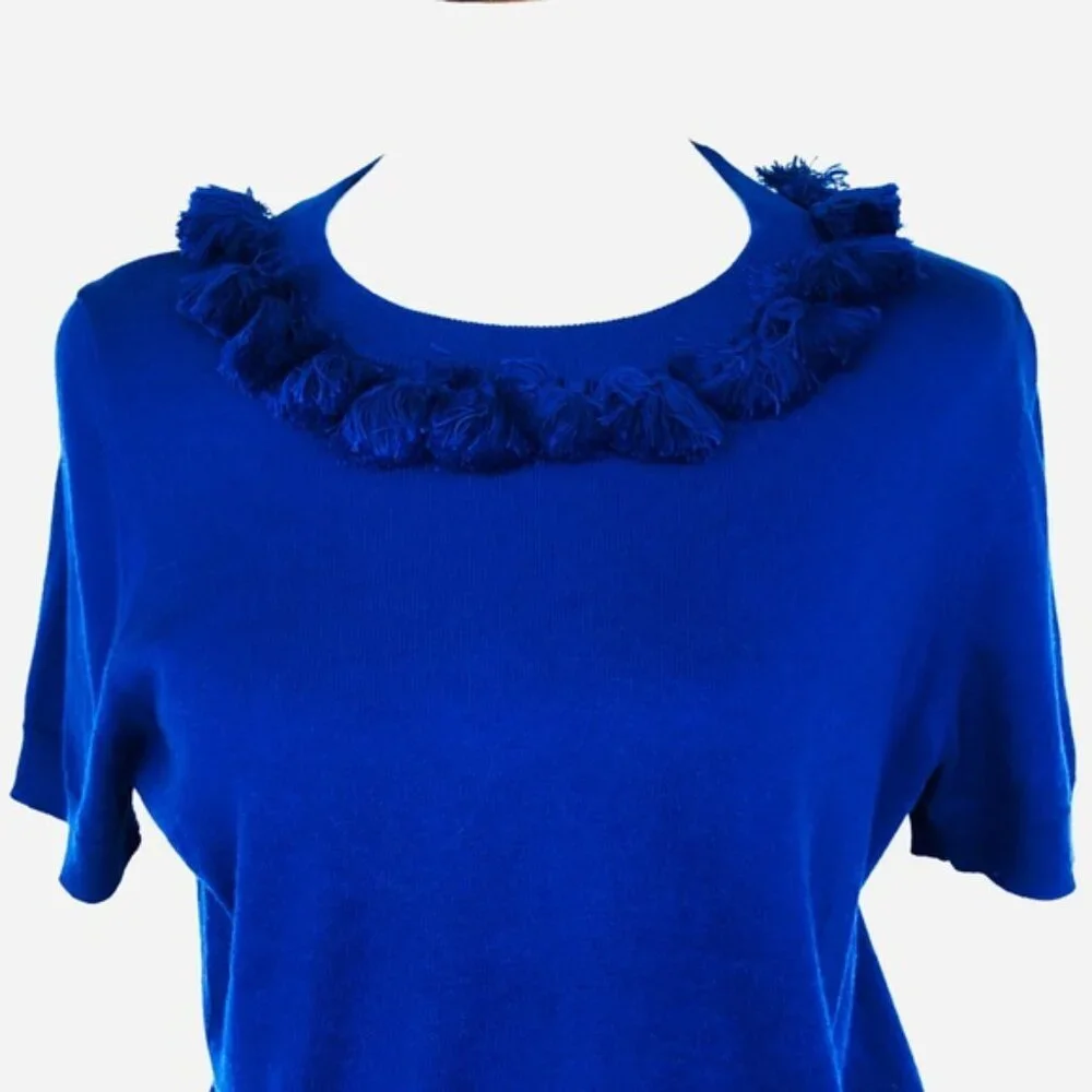 2/$30 Kate Spade Silk Cashmere Blend Tassel Pompom Neck Knit Top Cobalt #A1269